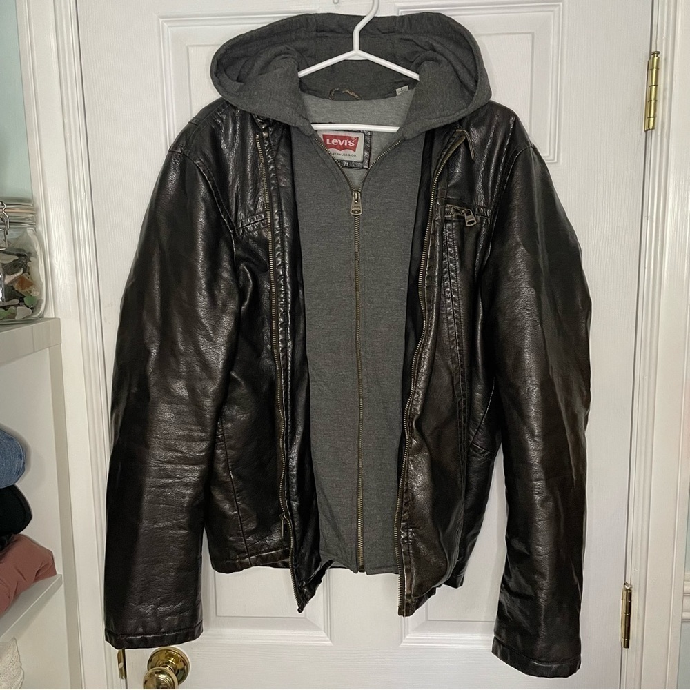 Levi’s Brown Vegan Leather Jacket with Built in Hooded Sweatshirt Hoodie Large